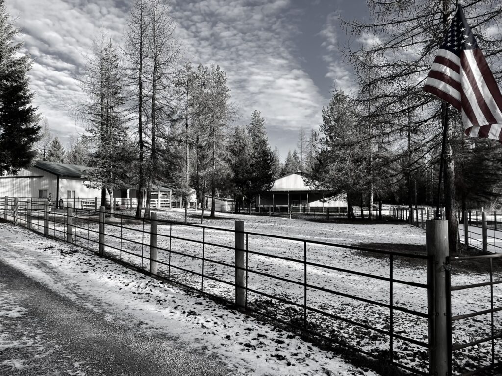 Steel Fencing, Barn in background and American Flag in foreground. In sepia tones.